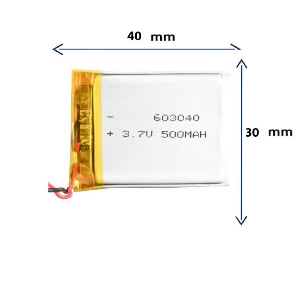 باتری لیتیوم پلیمری مدل 603040 با ظرفیت 500 میلی آمپر